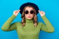 Closeup photo of pretty funny curly lady attractive appearance arms touch cool retro cap sending air kisses romance mood