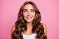 Closeup photo of pretty lady funny facial expression beaming smiling giggling girlish mood big eyes amazing news wear Royalty Free Stock Photo