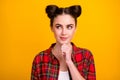 Closeup photo of pretty lady two cute buns look side empty space intelligent dreamer arm on chin wondered wear casual Royalty Free Stock Photo