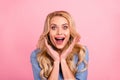 Closeup photo of pretty lady yelling loud had won lottery wear denim outfit isolated pink background Royalty Free Stock Photo