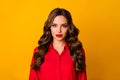 Closeup photo of pretty stunning curly business lady bright lipstick serious bossy person wear office luxury red shirt