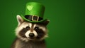 Closeup photo of a raccoon wearing green top hat with gold buckle and heart, on solid green background