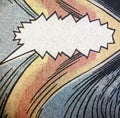 Closeup photo of real vintage comic book page with empty speech bubble and yellow red and blue printing dot pattern