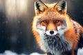 Closeup photo of a red fox under snowy day