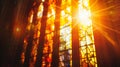 A closeup photo of a restored stained glass window on the facade of a historic church gleaming in the sunlight