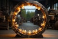 closeup photo of round wood sign with glowing bulbs