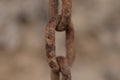 Closeup photo of a rusty thick chain on the blurred background