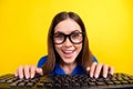 Closeup photo of satisfied good mood lady business worker typing keyboard look interested fast chatting online isolated Royalty Free Stock Photo