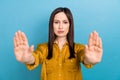 Closeup photo of serious confident unhappy woman business owner hands veto vs press conference reportage isolated on