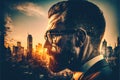 Closeup photo of stylish bearded banker businessman wearing glasses and looking city double exposure Royalty Free Stock Photo