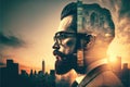 Closeup photo of stylish bearded banker businessman wearing glasses and looking city double exposure Royalty Free Stock Photo