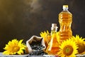 Closeup photo of sunflowers and sunflower oil with seeds on on a wooden table. Bio and organic concept of the product. Royalty Free Stock Photo