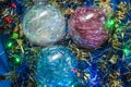 The closeup photo of the three colorful Christmas balls Royalty Free Stock Photo