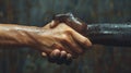 Closeup photo of two hands arms handshake different race multinational friends antiracism
