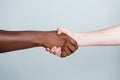 Closeup photo of two hands arms handshake different race multinational friends antiracism issue help together world