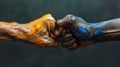 Closeup photo of two hands arms handshake different race multinational friends antiracism issue help together