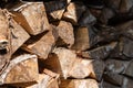 Closeup photo of various dry logs stacked in rows, illuminated by sunlight. The structure of the tree. Decorative wooden layout.