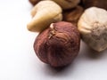 Blend of fresh healthy tasty nuts on white background