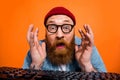 Closeup photo of website developer senior programmer man working late nights code problem stupor near keyboard isolated
