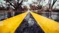 Closeup photo of yellow marking lane on wet asphalt road in forest. Royalty Free Stock Photo