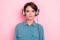 Closeup photo of young adorable pretty nice positive expert woman wear headset microphone helpline worker online