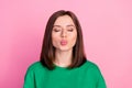 Closeup photo of young attractive girl romantic want kiss you lovely isolated on pink color background