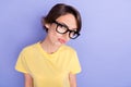 Closeup photo of young attractive pretty gorgeous woman wear eyeglasses boss businesswoman pouted lips look you unsure