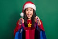 Closeup photo of young excited korean girl finally got surprised hold open package gift from santa claus xmas vibe Royalty Free Stock Photo