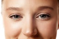 Closeup photo of young female face, body part, eyes and nose against white studio background. Mimicable wrinkles.
