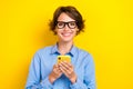 Closeup photo of young positive cute woman toothy smile wear eyeglasses influencer user smartphone popular blogger