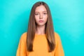 Closeup photo of young pretty attractive unhappy girl brown hair bored serious look you unsatisfied face isolated on