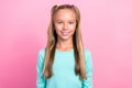 Closeup photo of young pretty cute girlish little lady wear cyan pullover toothy smile positive nice mood veneers