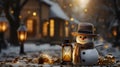 Snowy Morning Charm: Closeup Snowman Bathed in Light