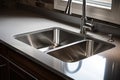 Closeup Photograph Of Shiny, Stainless Steel Kitchen Sink With Faucet, Impeccably Clean And Gleaming
