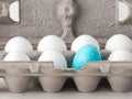 A closeup photograph of a single blue plastic Easter egg nested inside of a cardboard egg carton with several real white chicken Royalty Free Stock Photo