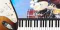 Closeup on Piano keyboard and electric guitar musical instrument Royalty Free Stock Photo