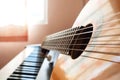 Closeup piano keyboard with guitar. Royalty Free Stock Photo