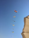 A closeup pic of a group of a colored group of flying kites