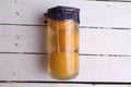 Closeup of pickled peaches inside a lying long jar on a wooden white table Royalty Free Stock Photo