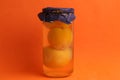 Closeup of pickled peaches in a jar isolated on an orange background Royalty Free Stock Photo