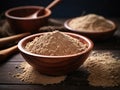 Closeup picture of a bowl with brown psyllium powder flour. Generative AI