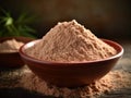 Closeup picture of a bowl with brown psyllium powder flour. Generative AI