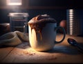 Closeup picture of chocolate brownie mug cake dessert. Muffin chocolate microwaved homemade cupcake in a cup. Generative Royalty Free Stock Photo