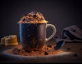 Closeup picture of chocolate brownie mug cake dessert. Muffin chocolate microwaved homemade cupcake in a cup. Generative Royalty Free Stock Photo