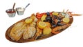 Closeup picture of a fish plate with different seafood and white neutral background