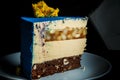 closeup piece of blue mousse cake on white plate
