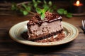 closeup of a piece of delicious chocolate cheesecake on a plate with a mint leaf