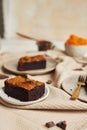 Closeup of a piece of freshly baked delicious pumpkin swirl brownie on a plate Royalty Free Stock Photo