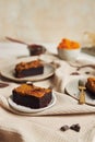 Closeup of a piece of freshly baked delicious pumpkin swirl brownie on a plate Royalty Free Stock Photo