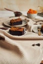 Closeup of a piece of freshly baked delicious pumpkin swirl brownie on a plate Royalty Free Stock Photo